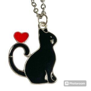 Black Cat Charm Pendant Necklace 18" Chain Enamel Red Heart Halloween Cat Lady